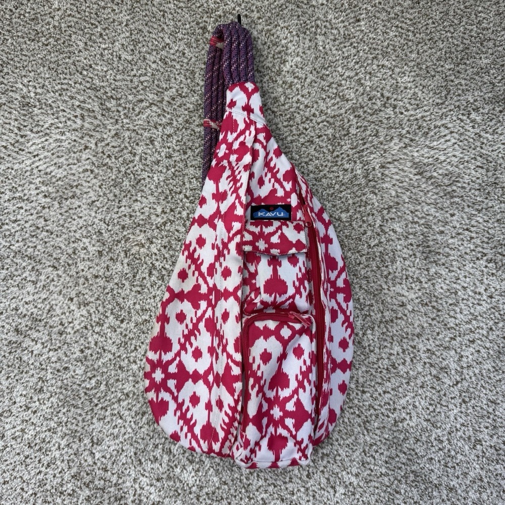 Kavu Rope Sling Bag Pink White AOP Patter Zip Pockets Handbag Crossbody Original